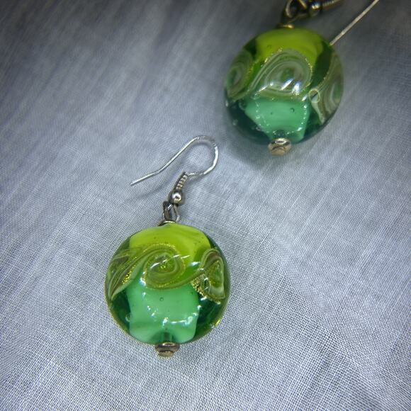 Glass Earrings Beads Green Hippie Green Apple Color Beautiful Round - Picture 1 of 7
